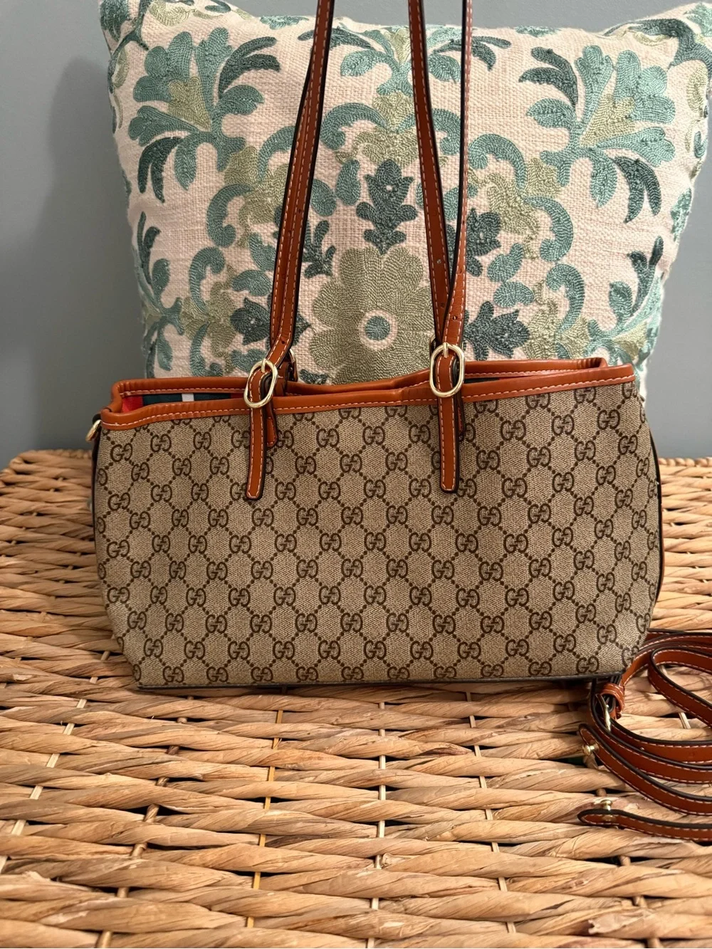 Beige GG Supreme Canvas Tote with Brown Leather Trim